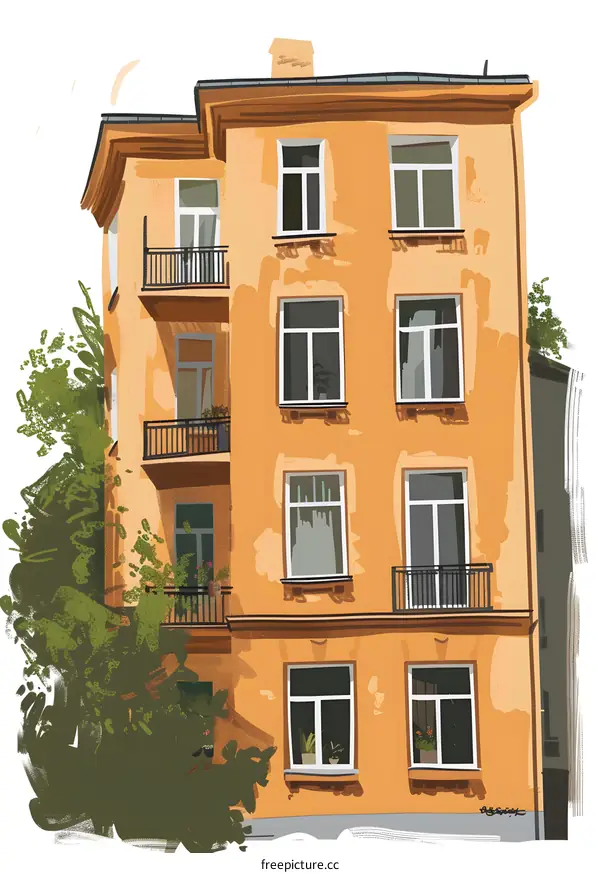 Yellow Building With Windows And Balconies