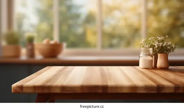 Wooden Table Top with Blurred Kitchen Background