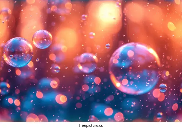 Colorful bubbles floating in a liquid with a blurred background
