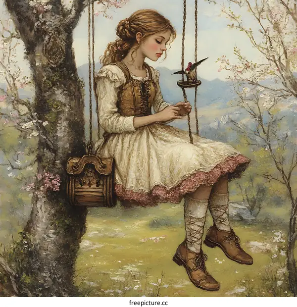 Young Woman Swinging on a Tree Branch in a Field of Flowers