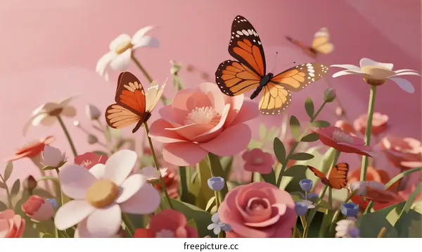 Vibrant 3D Illustration of Colorful Butterflies Flying Over Pink Flowers