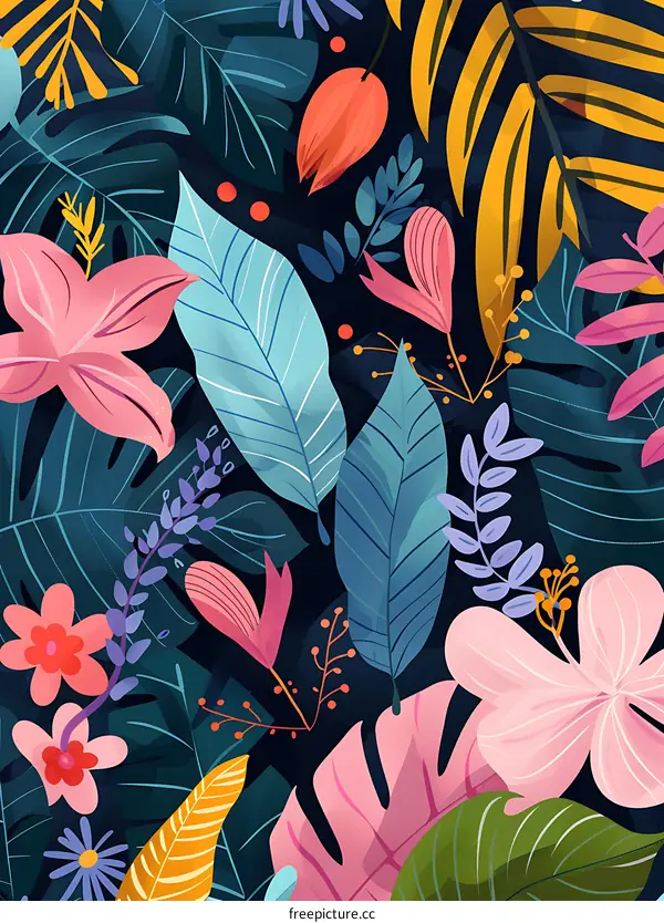 Colorful Tropical Leaves and Flowers Seamless Pattern Design