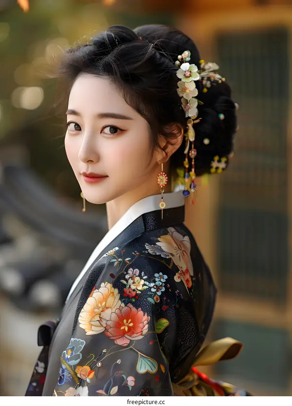 Portrait of a young Korean woman in traditional Hanbok dress