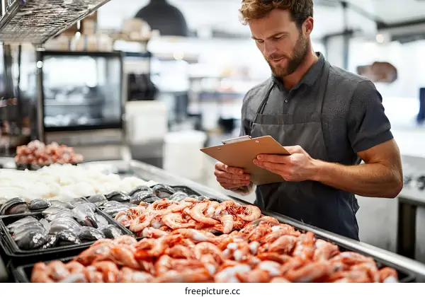 Fresh Seafood Display and Inventory Check by a Male Worker