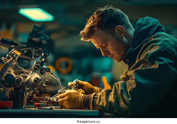 Mechanic Repairing Motorcycle Engine