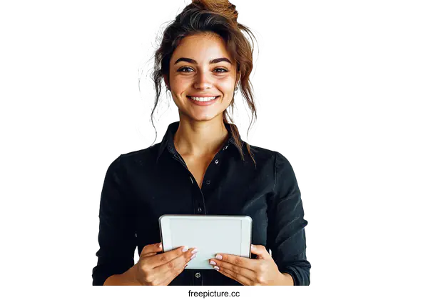 [Transparent Background PNG]Young Woman Holding Tablet Smiling Portrait
