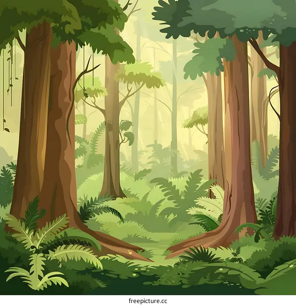 Green Forest with Tall Trees and Sunlight