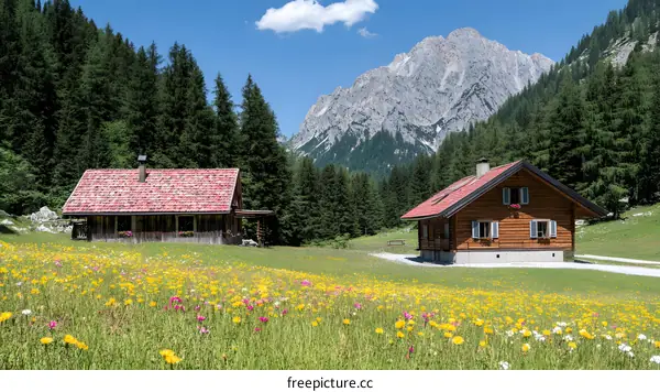 Wooden Cabins in a Mountain Meadow