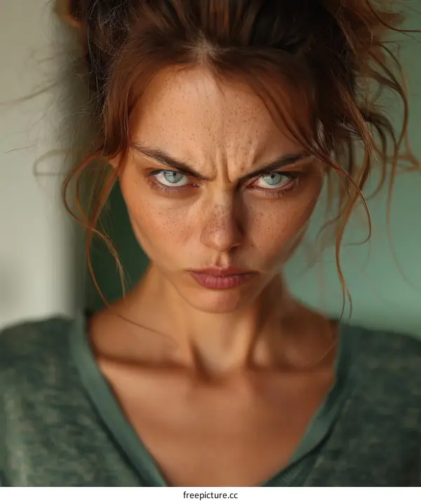 Close-up Portrait of a Caucasian Woman with Intense Expression