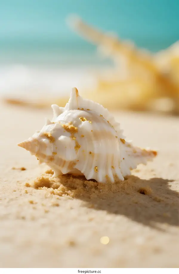 White seashell lying on golden sand under bright sun