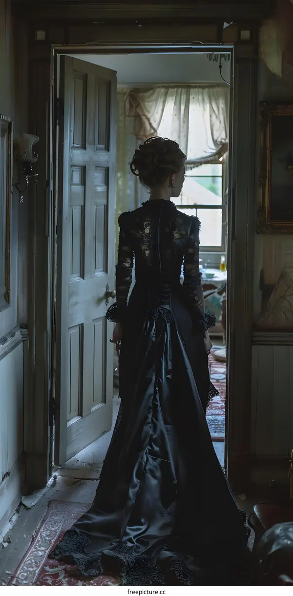 A woman in a black dress standing in a doorway