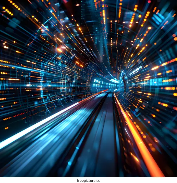 Blue and orange glowing technology tunnel