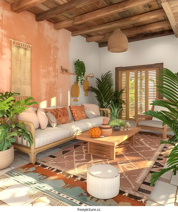 Bohemian Style Living Room Interior Design with Woven Rug and Plants