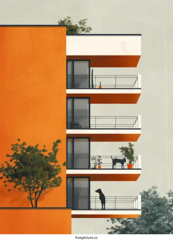 Modern Orange Building with Balconies and Trees