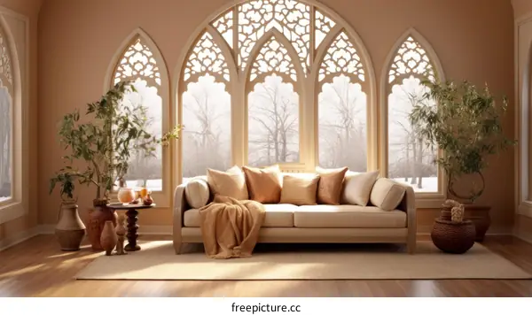 Elegant living room interior with large arched windows