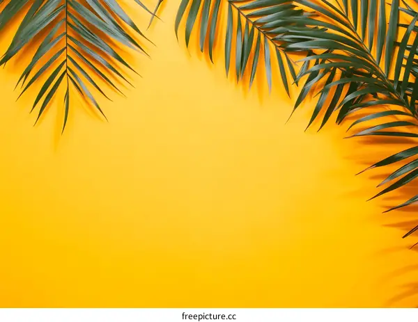 Yellow Background With Tropical Palm Leaves
