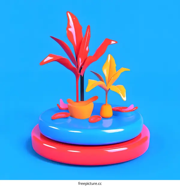 Abstract 3D Illustration With Yellow and Red Plants on Blue Background