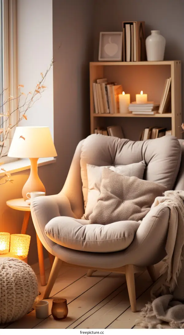 A cozy reading nook with a comfortable armchair, a lamp, and a bookshelf