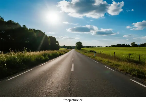 Sunny road with green fields and trees on both sides