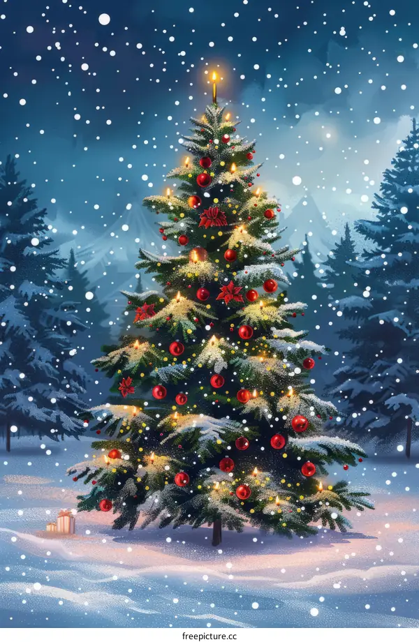A beautiful Christmas tree in a snowy forest
