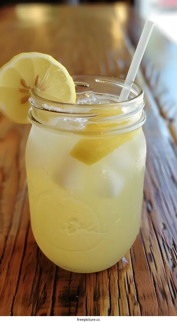 Glass of Lemonade with Lemon Wedge and Straw on Wooden Table
