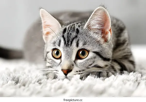 Close-up of a Grey Tabby Kitten on a Soft Surface