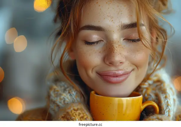redhead woman holding yellow mug