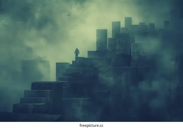 A dark figure stands on a stone structure in a foggy landscape