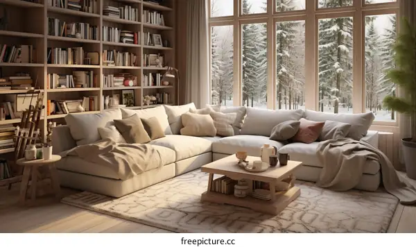 A cozy living room with a large bookshelf and a view of the snowy forest