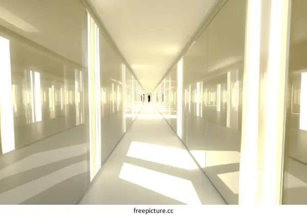 Empty White Corridor with Two Silhouettes in the Distance