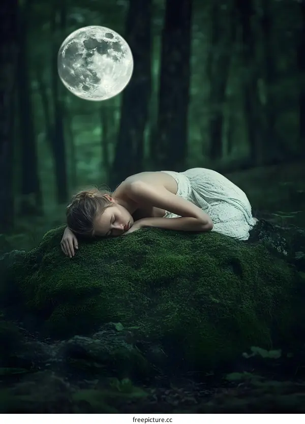 Woman Sleeping Under The Moon In Forest