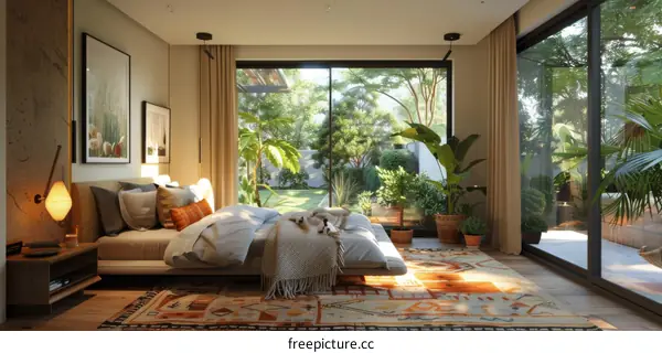 Modern Bedroom with Lush Garden Views
