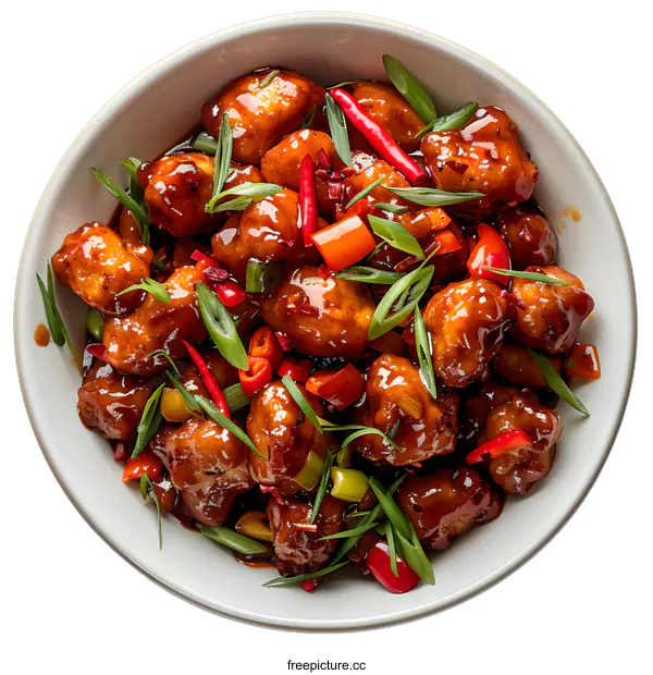 [Transparent Background PNG]Spicy Chicken Stir Fry in a White Bowl