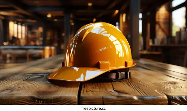 Orange hard hat on a wooden table