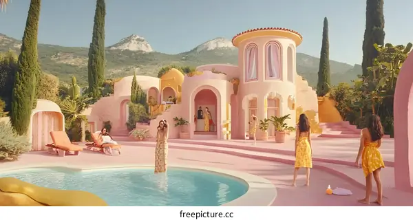 Women Relaxing By Pool In A Luxurious Villa