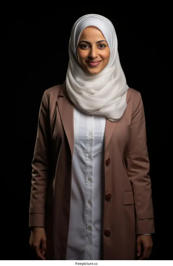 Portrait of a young woman wearing a white hijab and brown blazer