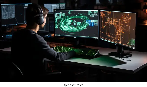 Man working on a computer with multiple screens