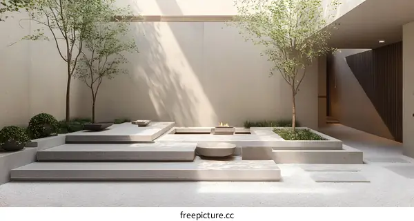 Minimalist Zen Garden Design with Fire Pit and Concrete Steps