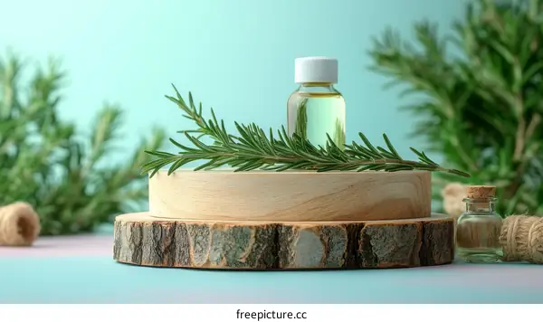 Rosemary Essential Oil Product Display on Wooden Slice