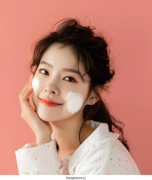 Smiling Asian Woman with Face Mask Applying Beauty Product