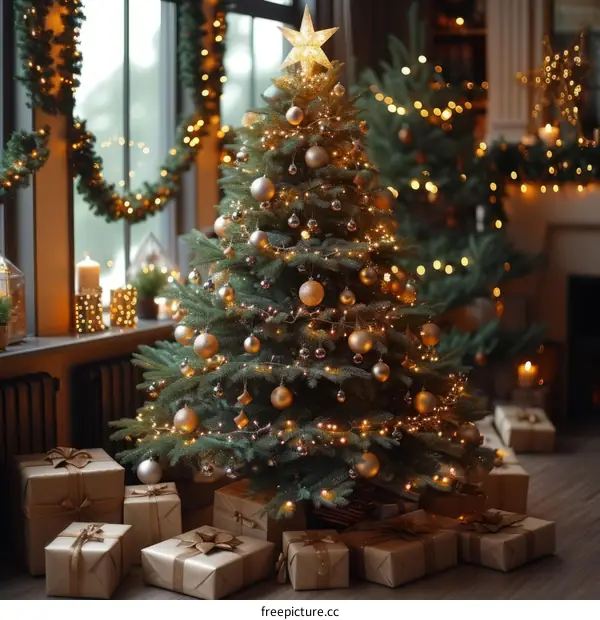 A beautifully decorated Christmas tree with presents underneath
