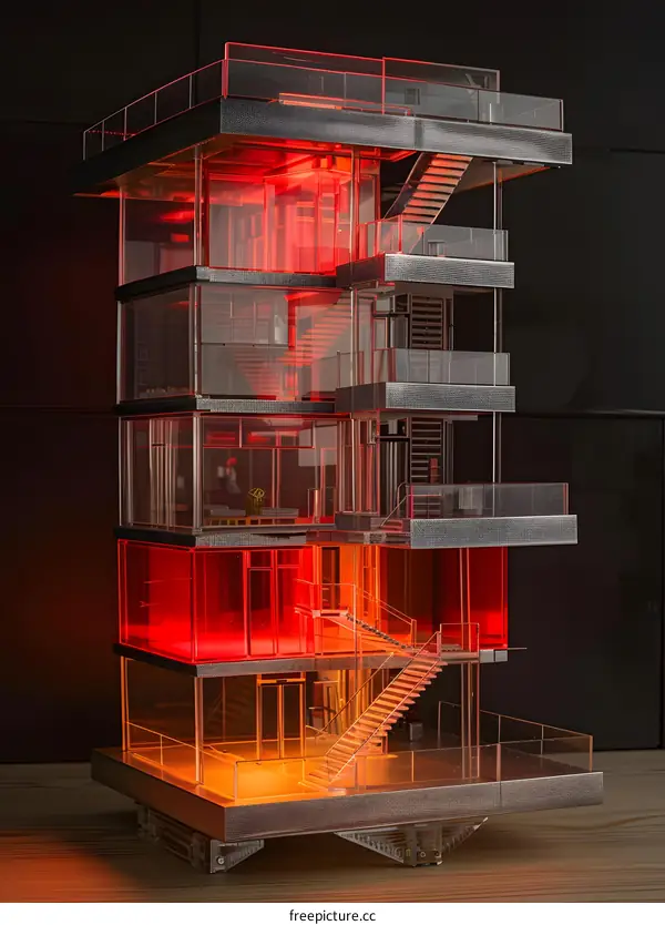 Glass Model of Modern Apartment Building with Red and Yellow Lights