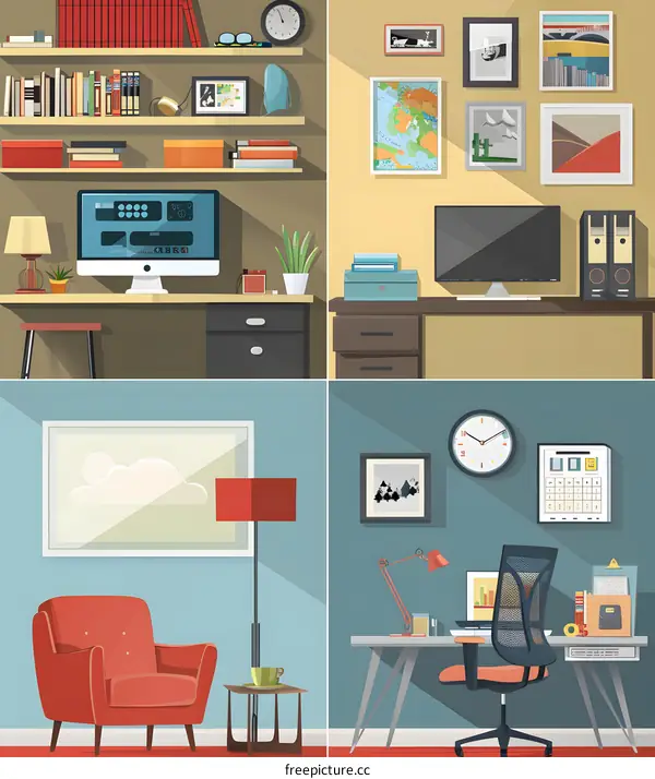 Modern Office Interior Design Illustration with Desk, Chair, and Bookshelf