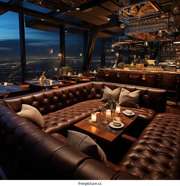 Luxurious restaurant interior with a view of the night city
