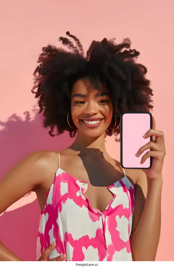 Smiling African American Woman Holding Smartphone Against Pink Background