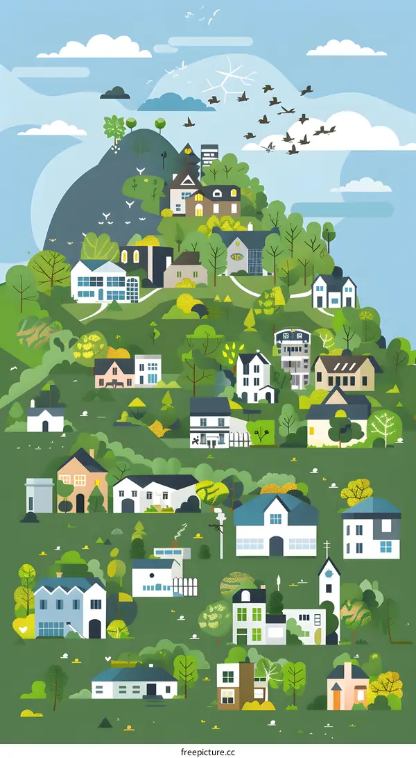 Flat Design Illustration of a Village with Houses and Trees