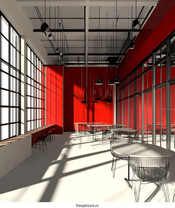 Modern Interior Design with Red Wall and Wireframe Furniture