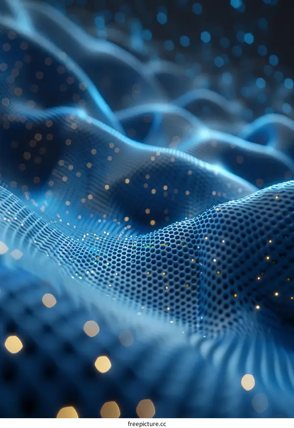 Blue Hexagonal Wavy Geometric Futuristic Surface With Golden Glimmering Dots