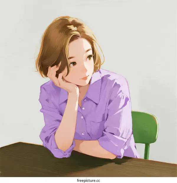 A Young Woman in Purple Shirt Leaning on Table with Hand