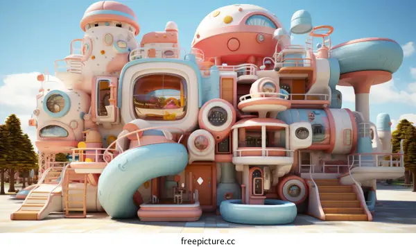 A whimsical and colorful 3D rendering of a futuristic house with a playground